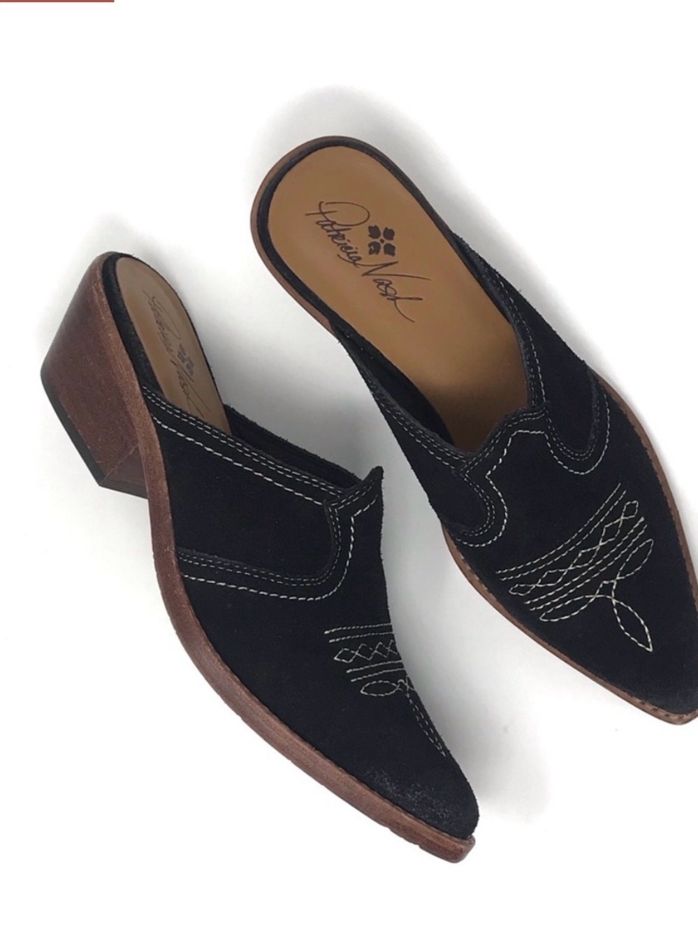 Patricia Nash Battista Black Suede Western Mules 7.5 Stacked Heel Boho Cowgirl
